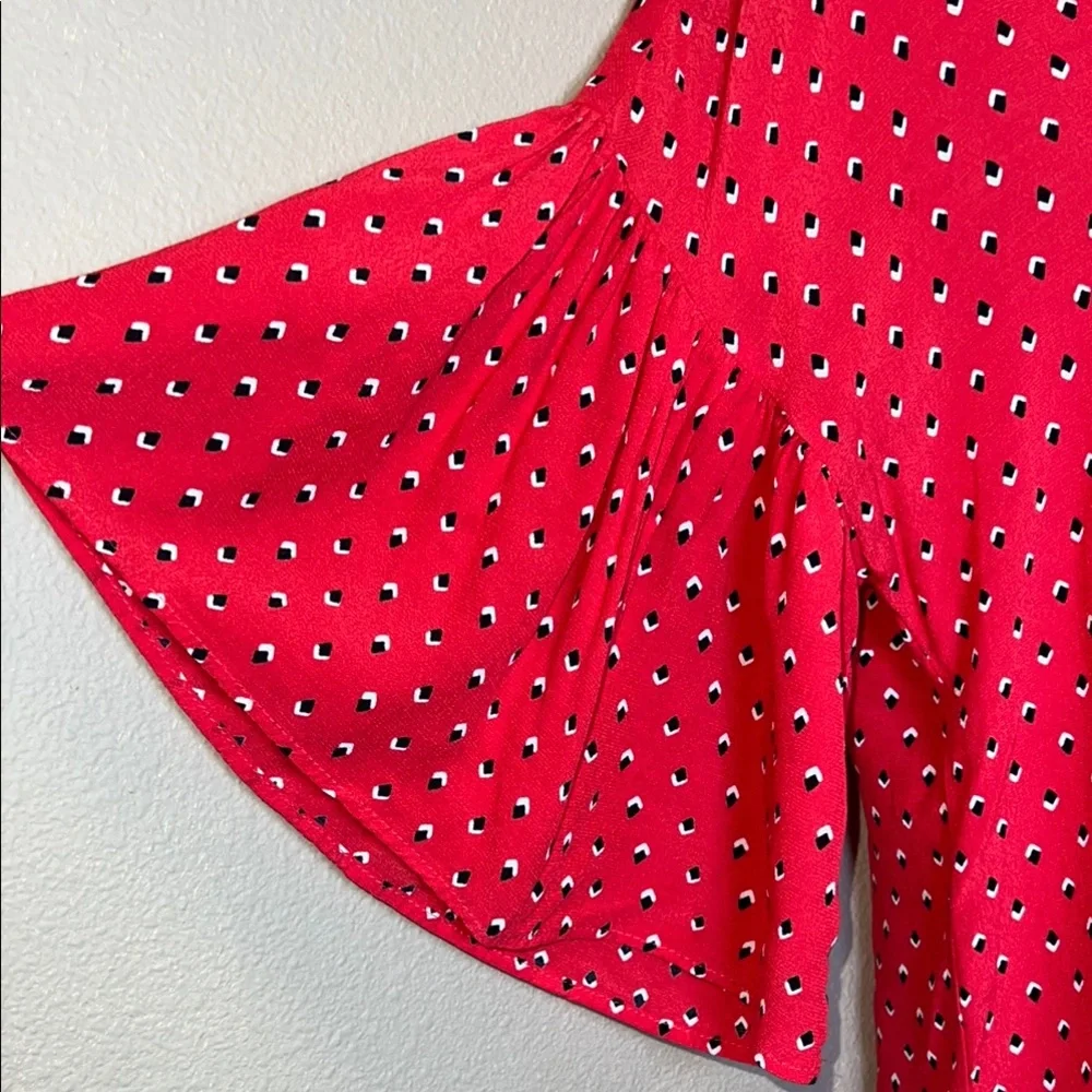 Zara Woman Women’s Red and White Puff Sleeve Blouse with Tie Front SZ Small